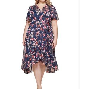 Calvin Klein Blue Pink Flutter Sleeve Wrap Midi Dress